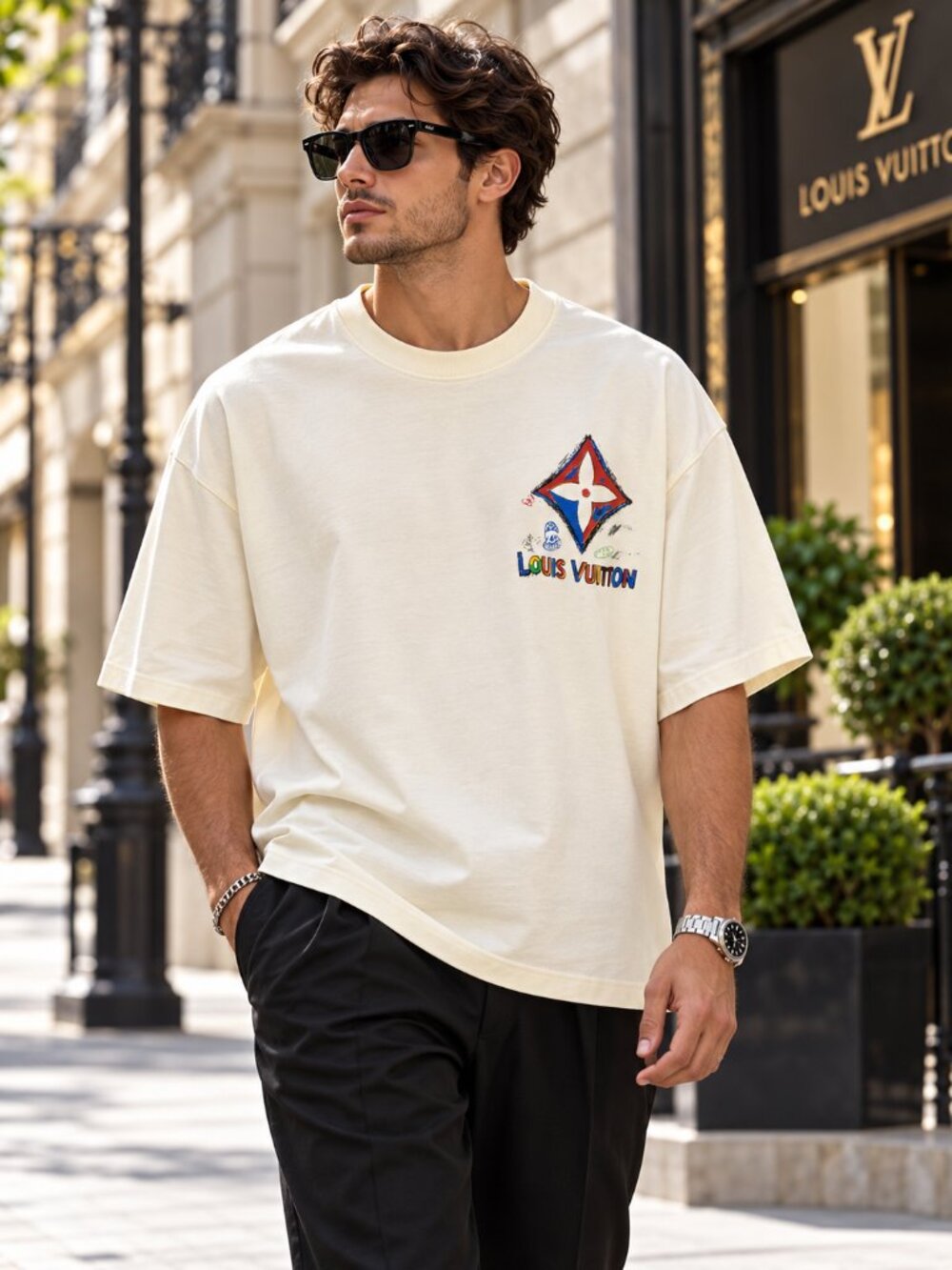 Louis Vuitton Men's Cream Graphic T-Shirt | Multicolor Logo | Streetwear